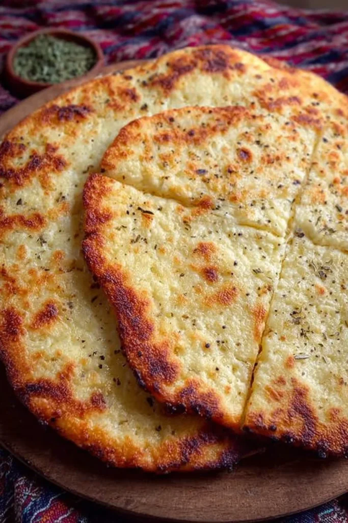 Homemade 2-ingredient cottage cheese flatbread on a wooden board