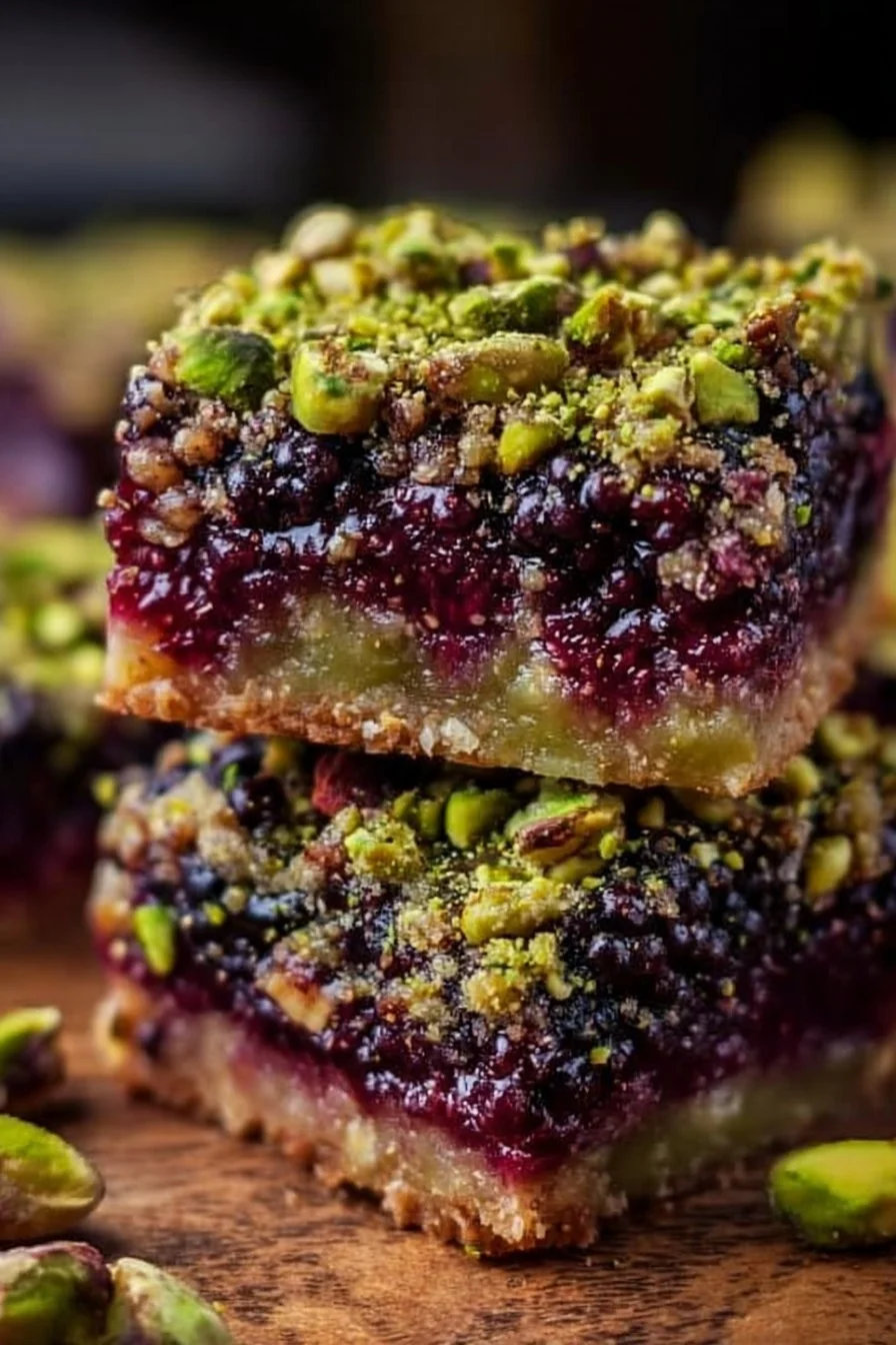 Delicious Blackberry Pistachio Dream Bars with berries and nuts