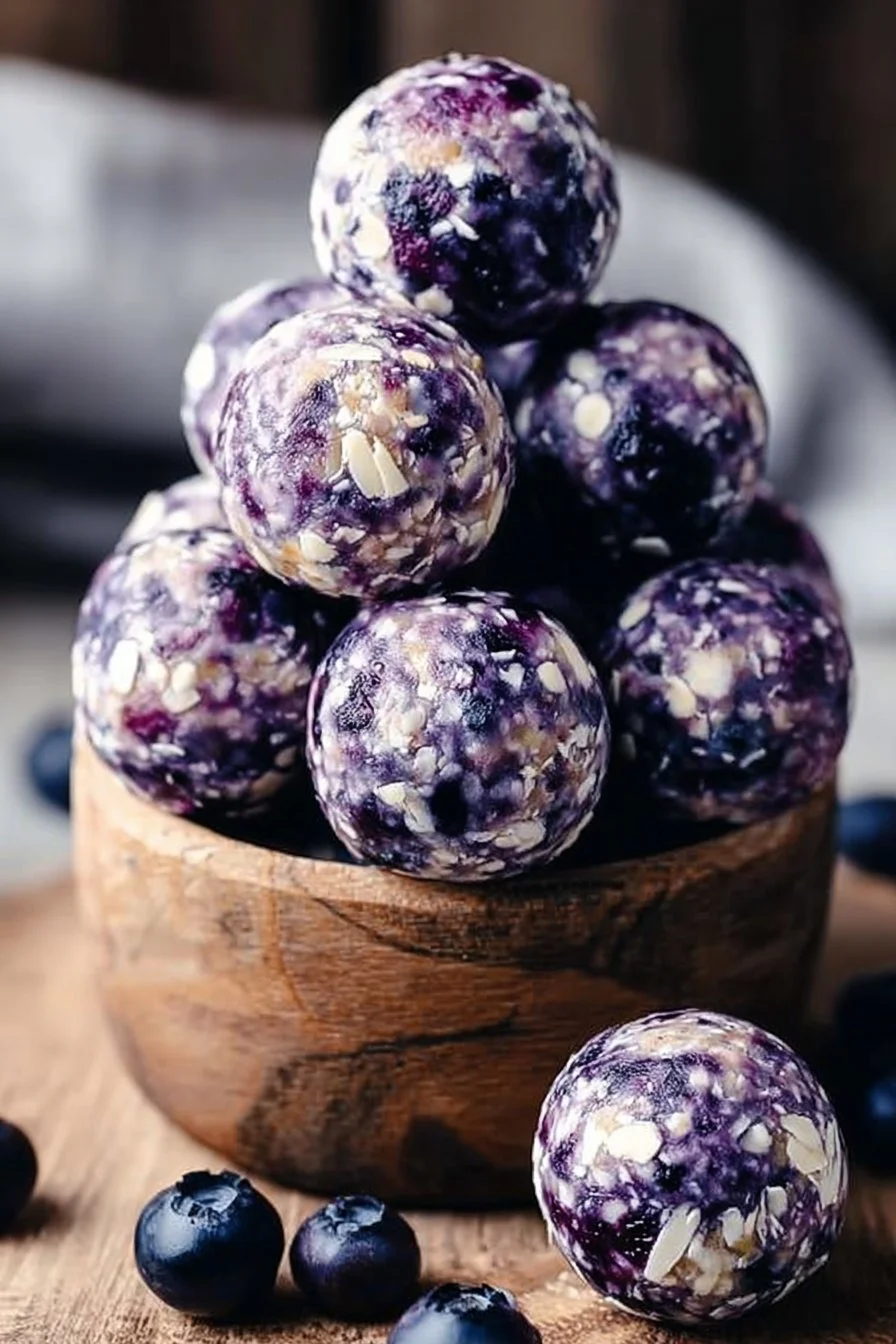 Delicious Blueberry Cheesecake Protein Bites stacked on a plate