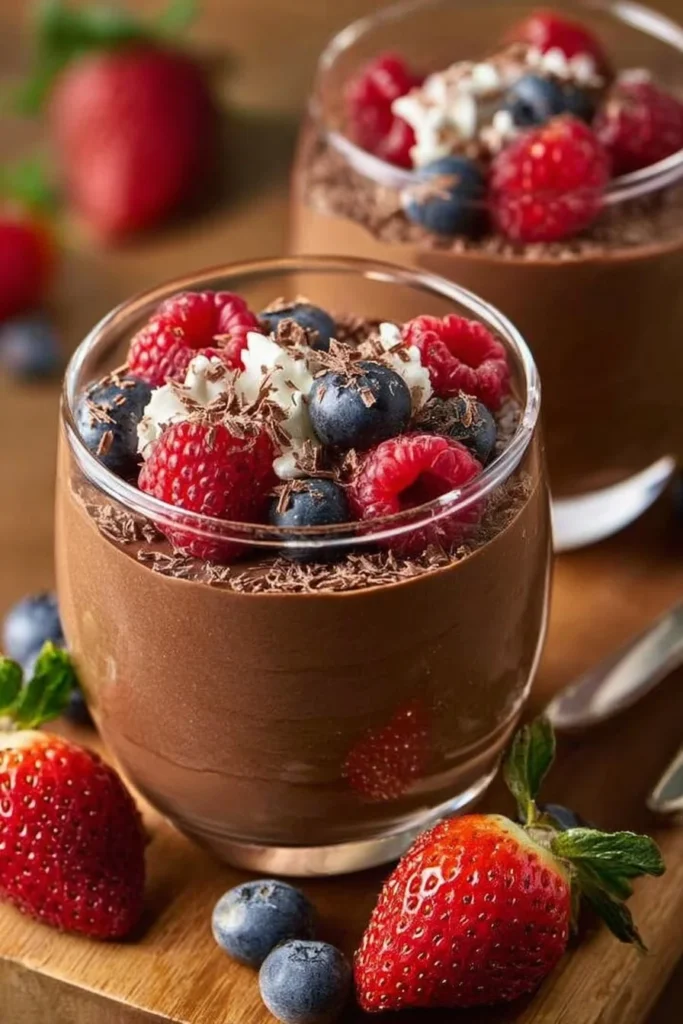 Delicious chocolate protein pudding served in a bowl, topped with chocolate shavings.