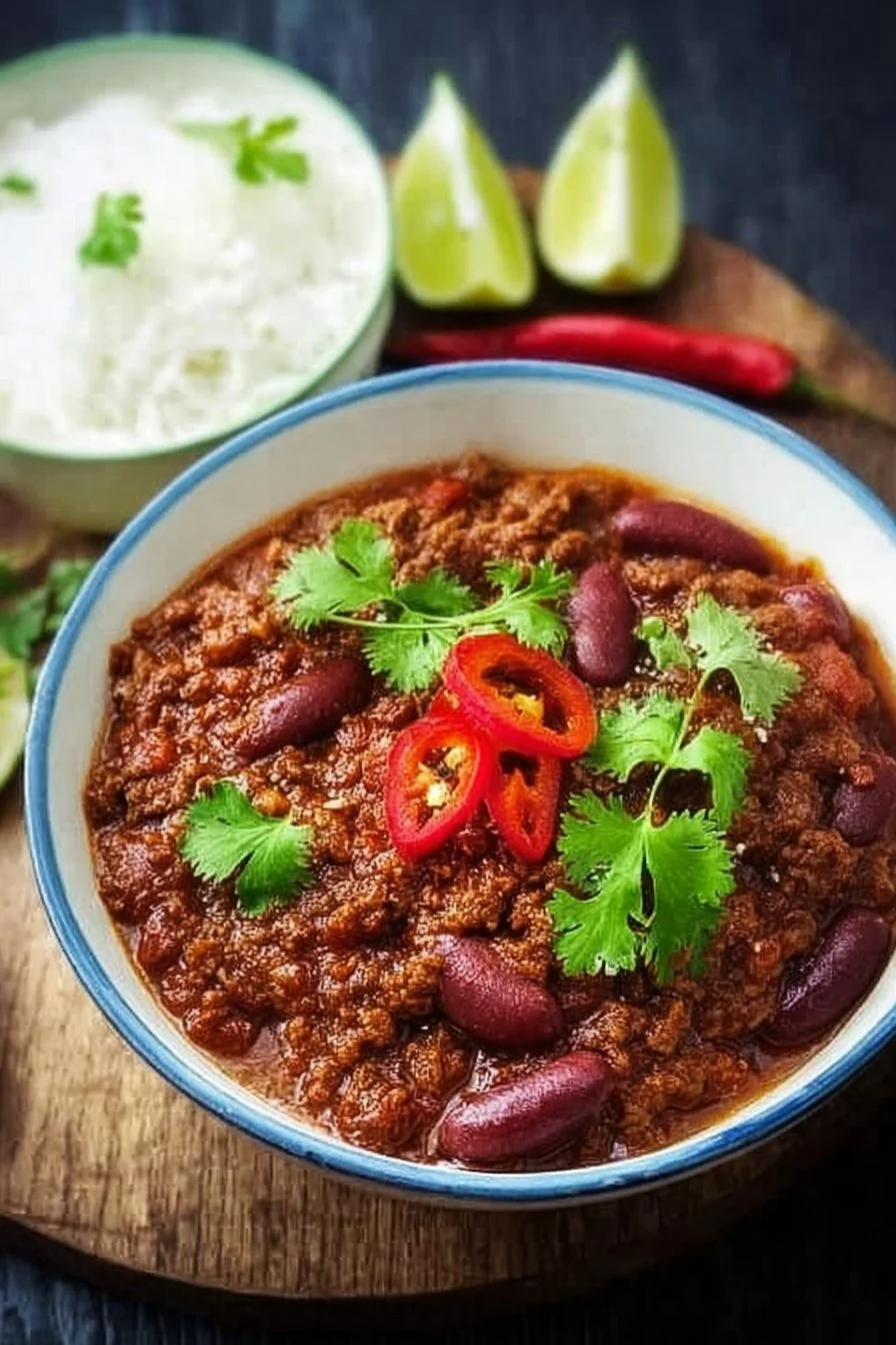 Classic Chilli Con Carne 2 A delicious bowl of classic chilli con carne with toppings of cheese and cilantro.