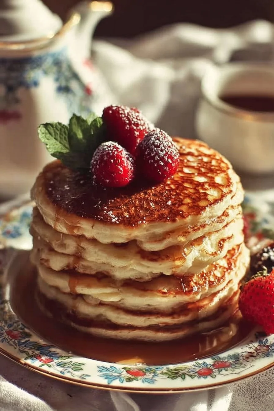 Cottage cheese almond flour pancakes topped with fresh fruits