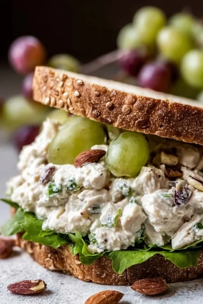 Cottage cheese chicken salad sandwich with grapes and almonds on a plate