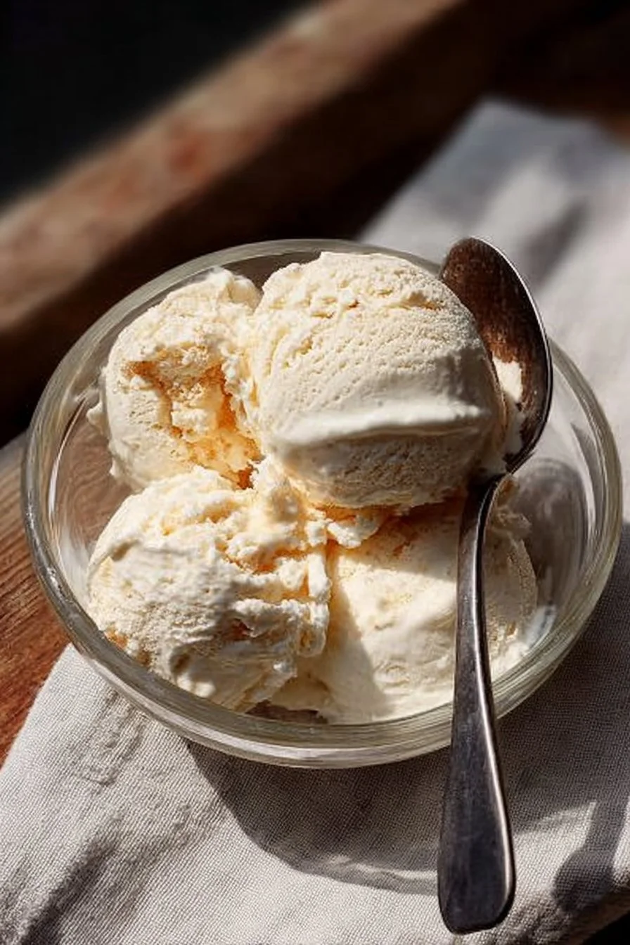 Cottage cheese ice cream with brown butter and vanilla topped with a drizzle.