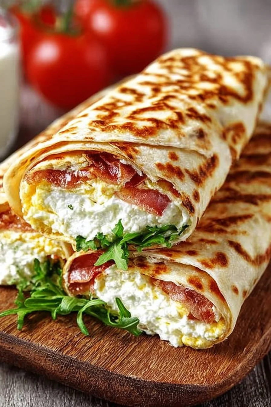Cottage cheese wraps filled with fresh vegetables and herbs