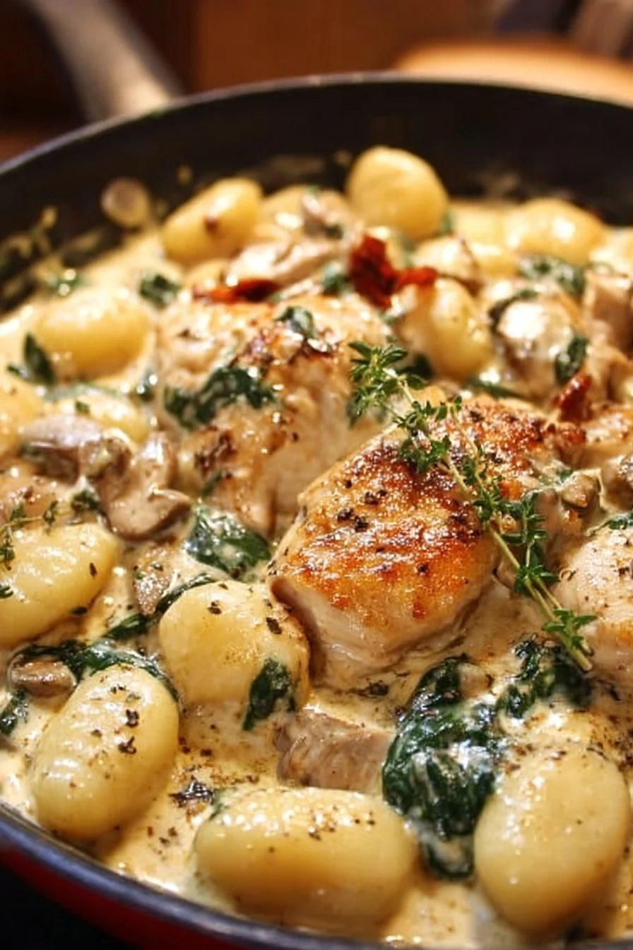 Creamy chicken gnocchi served in a bowl, garnished with herbs
