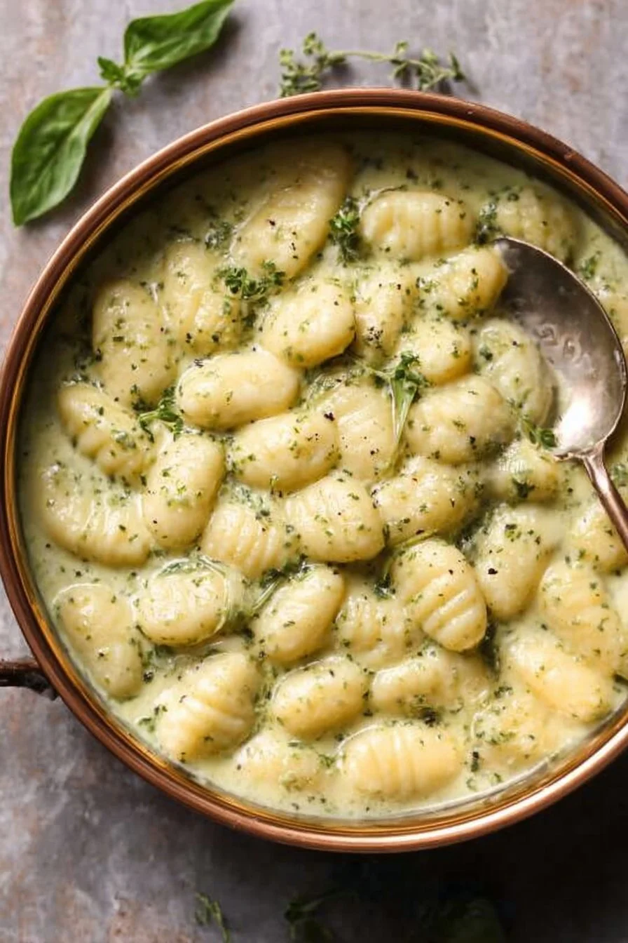 Plate of creamy pesto gnocchi garnished with fresh basil and Parmesan cheese
