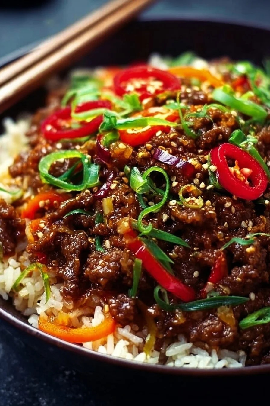 Crispy Chilli Beef Rice - Quick Asian Stir-Fry 2 Crispy Chilli Beef Rice stir-fry with vibrant vegetables