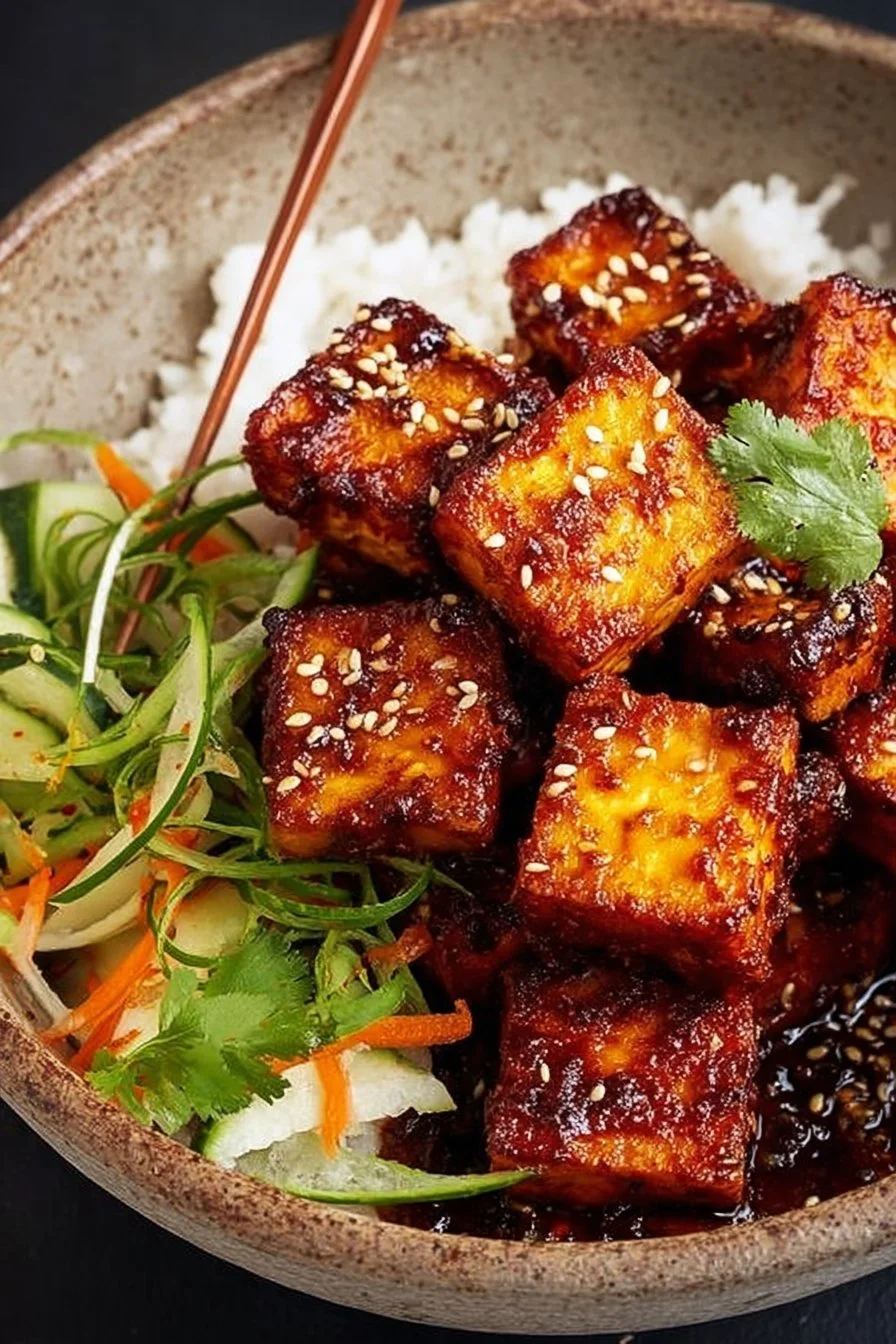 Crispy Gochujang Tofu served on a plate with garnish