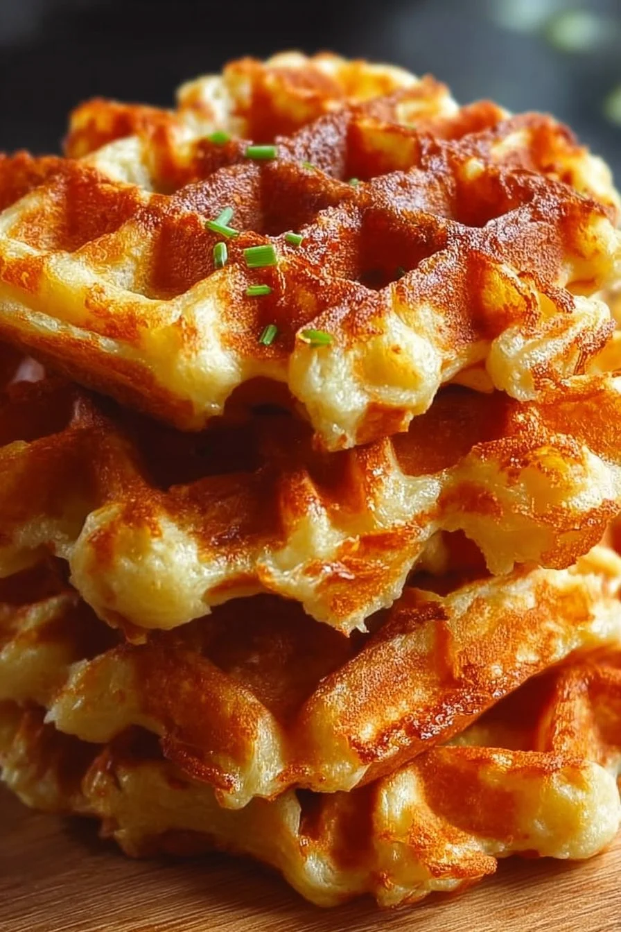 Golden crispy hash brown waffles served on a plate with toppings