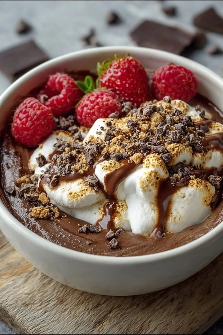 Delicious Double Chocolate Protein S'mores Bowl featuring chocolate protein and s'mores ingredients