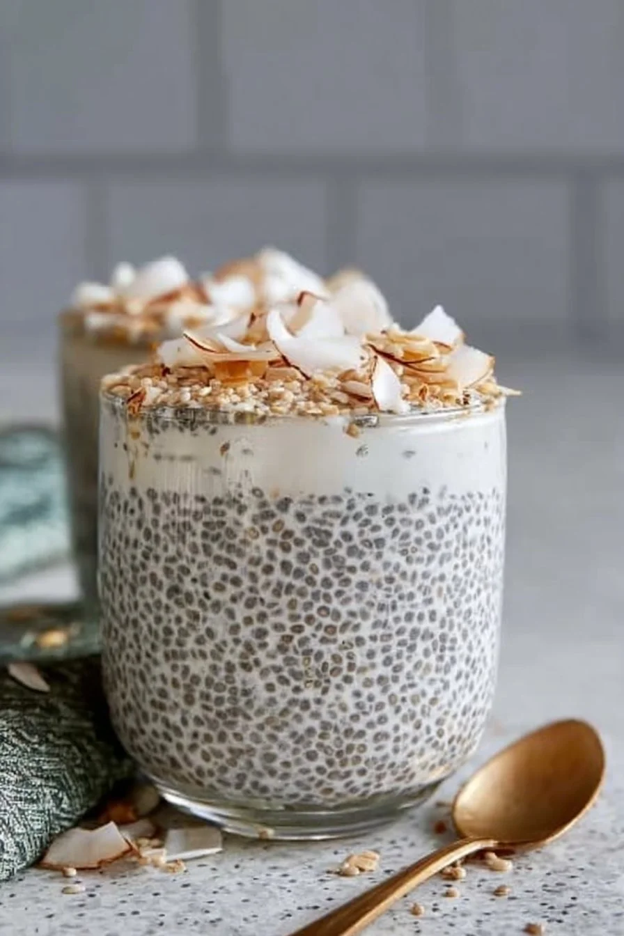 Bowl of Easy Coconut Chia Pudding topped with coconut flakes and berries