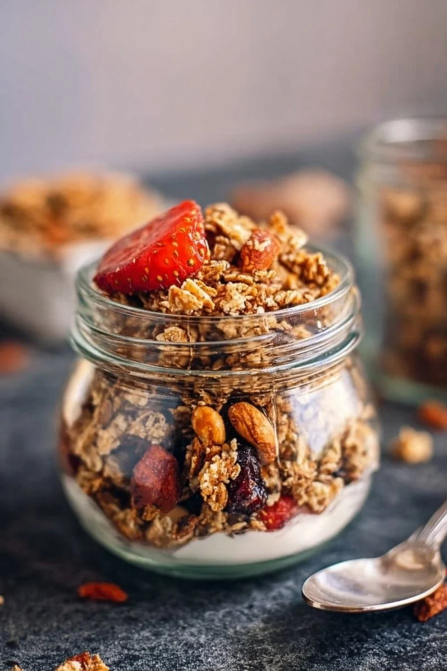 Bowl of easy homemade protein granola with nuts and dried fruits