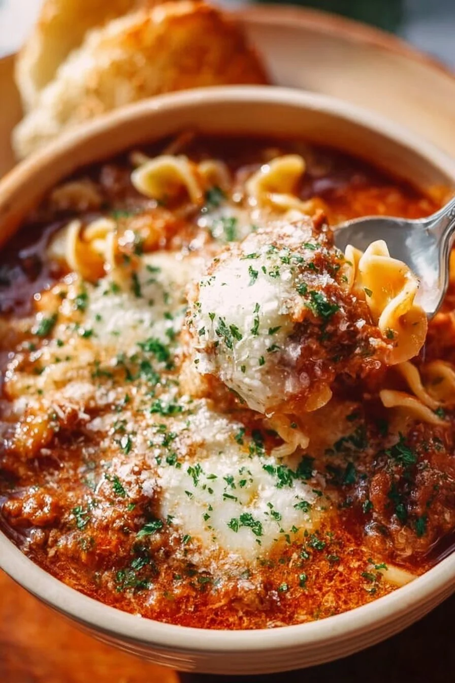 Delicious bowl of easy lasagna soup with melted cheese, perfect comfort food.