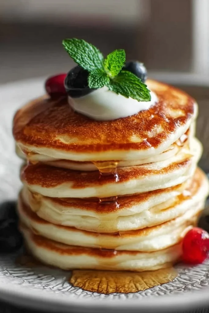 Stack of easy protein pancakes made with Greek yogurt on a plate
