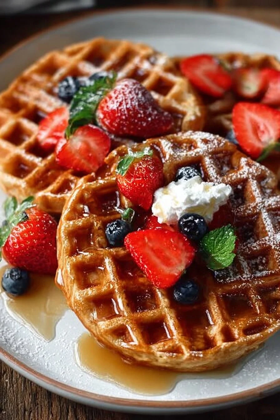 Delicious easy protein waffles served with fruit and syrup on a plate