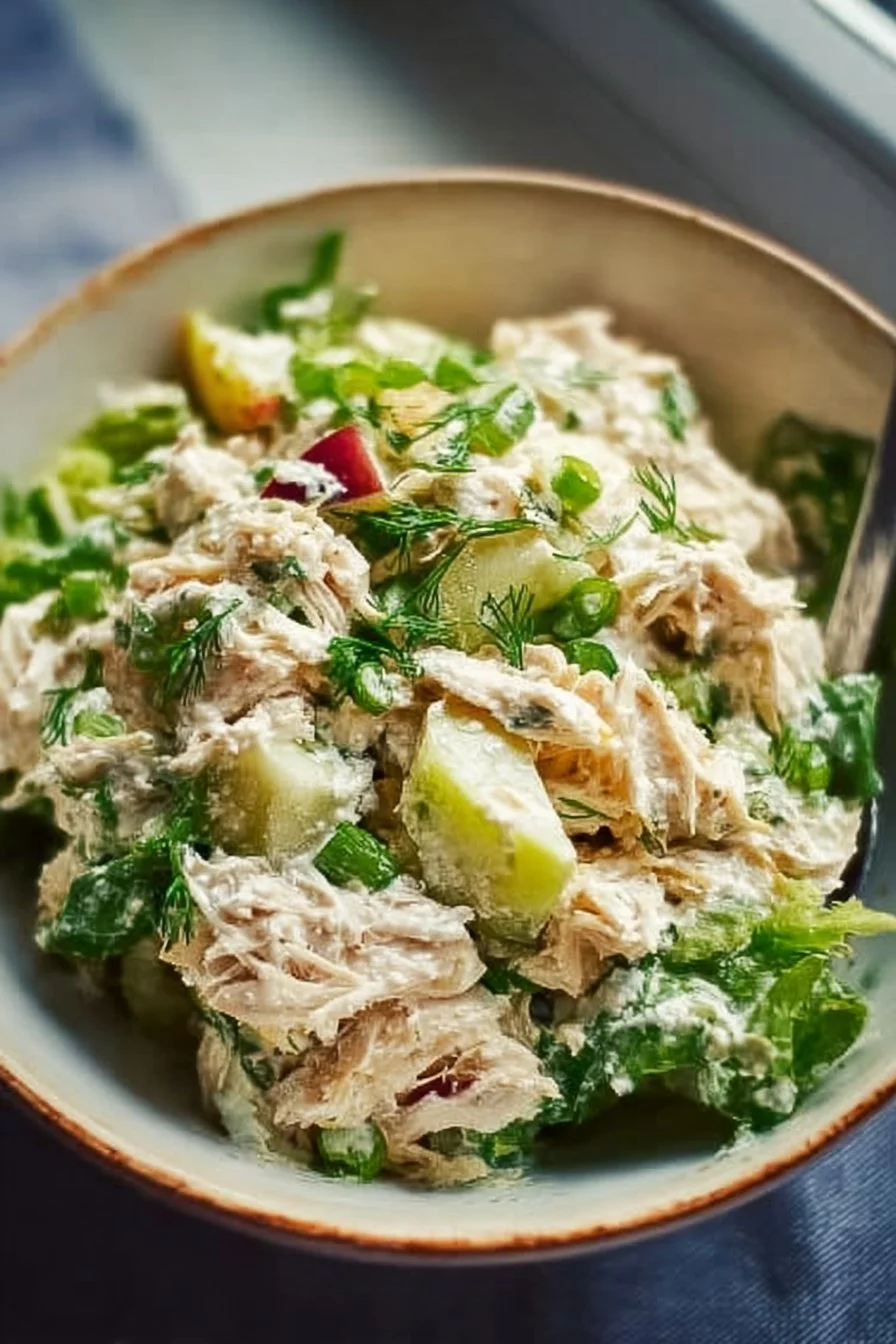 Easy Rotisserie Chicken Salad with Apples and Greek Yogurt 2 Easy rotisserie chicken salad with apples and Greek yogurt served in a bowl