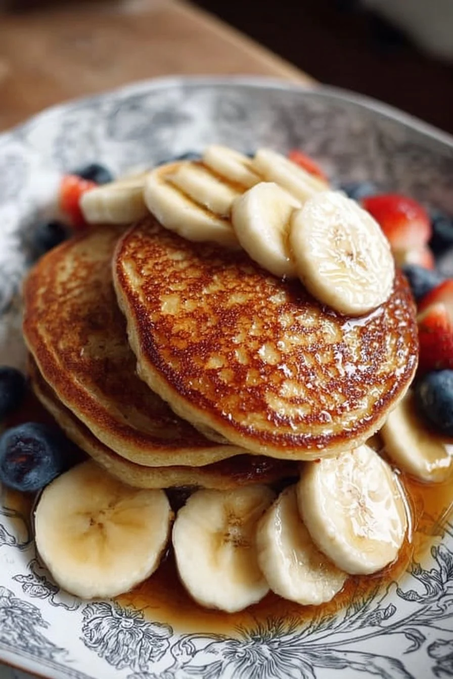 Flourless banana protein pancakes stacked on a plate with fresh bananas and syrup