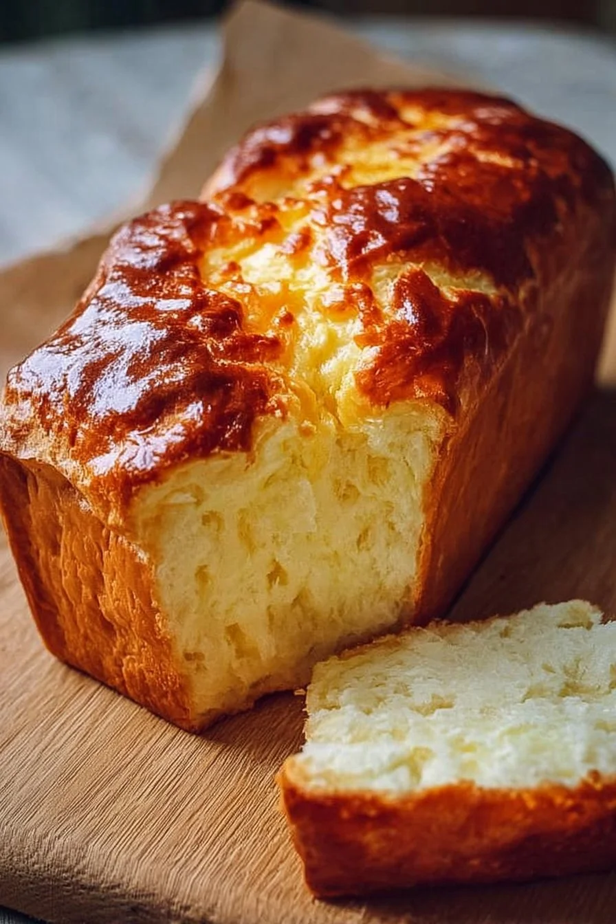 Fluffy cottage cheese bread loaf on a wooden cutting board