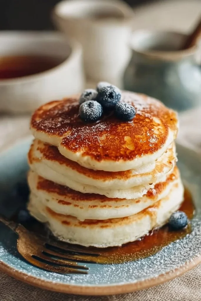 Fluffy high-protein Greek yogurt pancakes stacked on a plate with syrup
