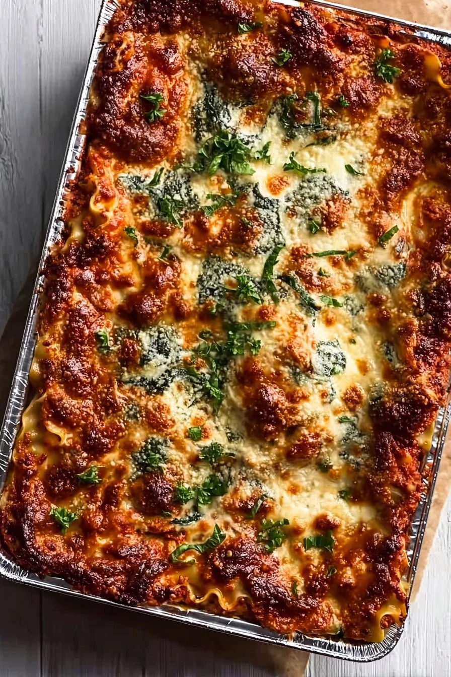 Giada's Sheet Pan Lasagna served in a vibrant dish, showcasing layers of pasta and cheese.