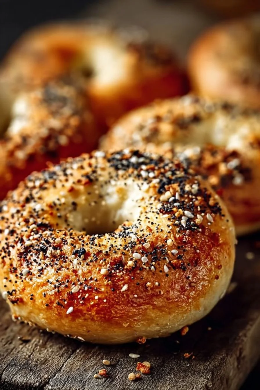 Freshly baked Greek Yogurt Bagels on a wooden table