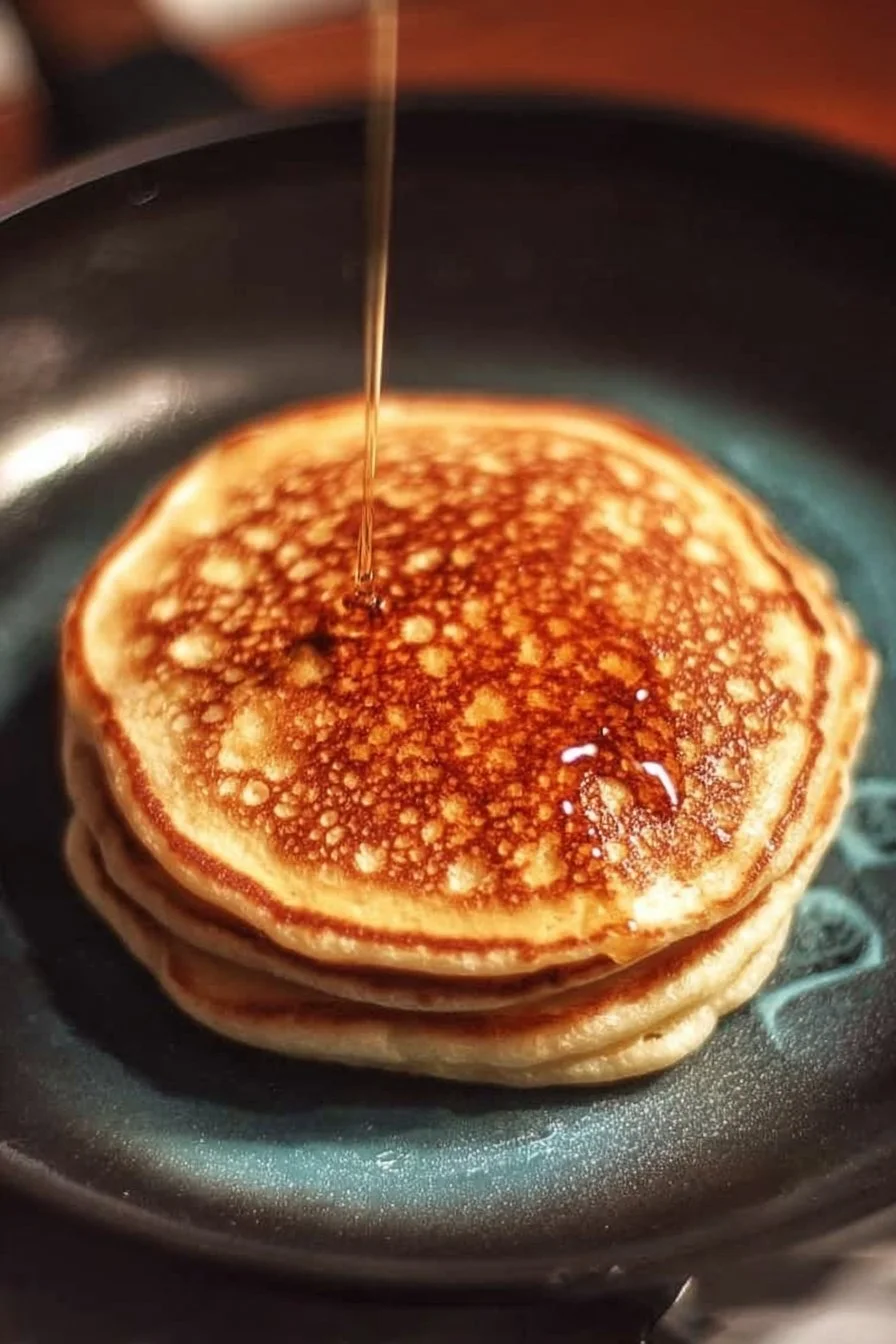 Greek Yogurt Pancakes 2 Fluffy Greek Yogurt Pancakes stacked on a plate with syrup and fruit