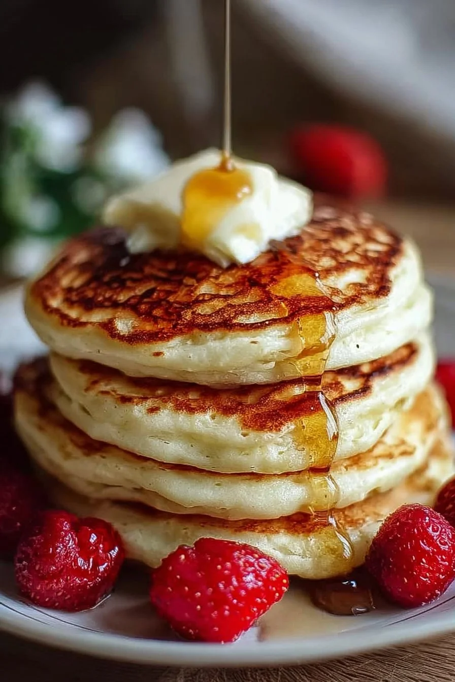 Greek Yogurt Pancakes 2 Fluffy Greek yogurt pancakes stacked with fresh berries.