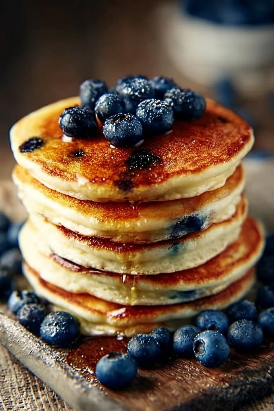 Greek yogurt pancakes topped with fresh blueberries on a plate.