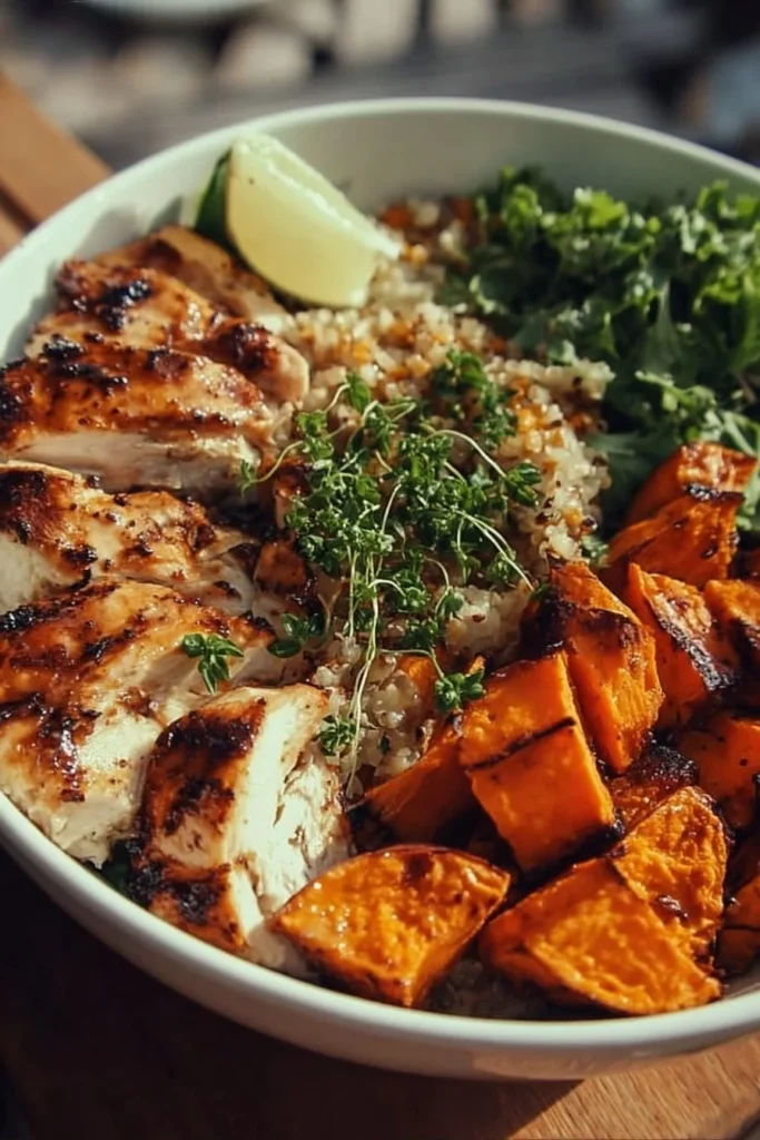 Delicious grilled chicken served over a bed of sweet potatoes in a vibrant bowl.