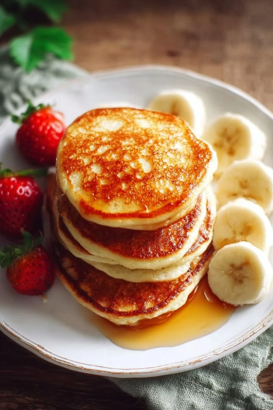 Fluffy cottage cheese pancakes topped with syrup and fresh fruits