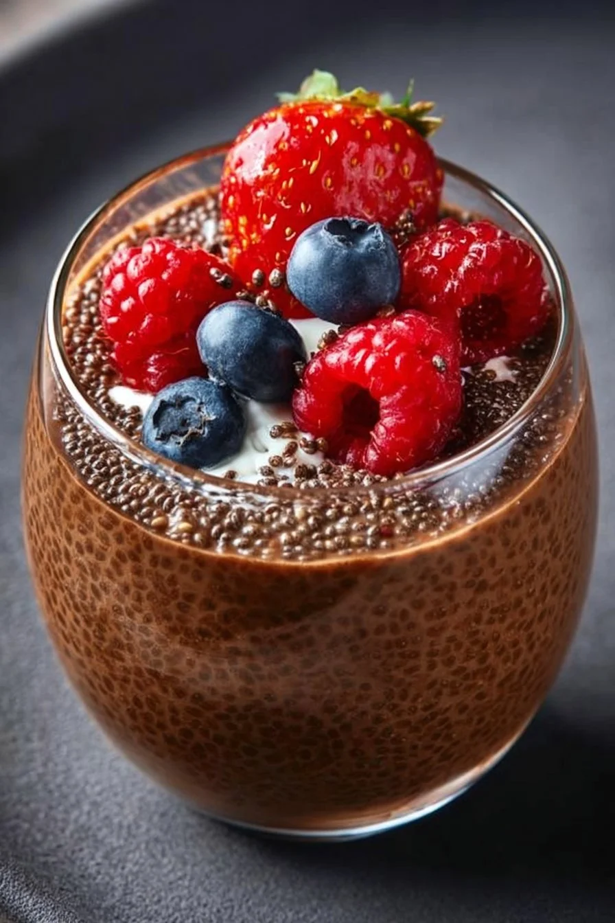 High Protein Chocolate Chia Seed Pudding 2 Bowl of high protein chocolate chia seed pudding topped with fresh berries