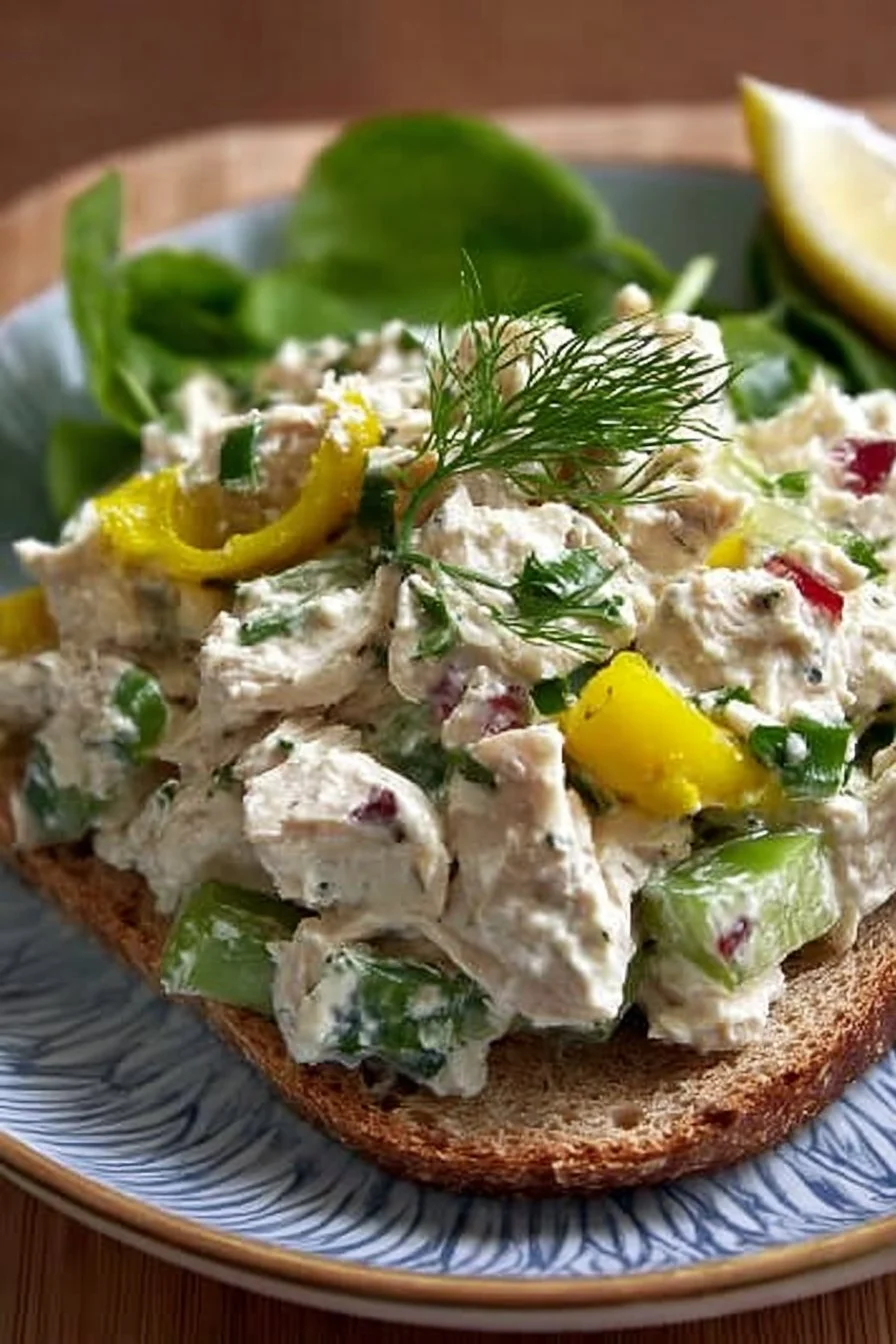 High Protein Cottage Cheese Chicken Salad with Banana Peppers 2 High-protein cottage cheese chicken salad with banana peppers in a bowl