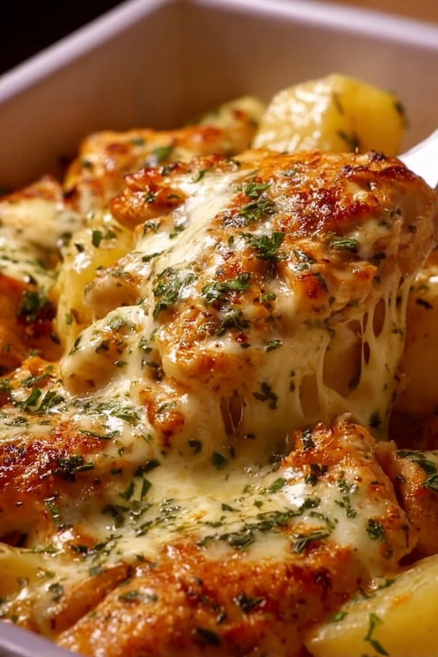 High-Protein Creamy Garlic Cheesy Chicken & Potatoes 2 High-protein creamy garlic chicken with cheesy potatoes dish