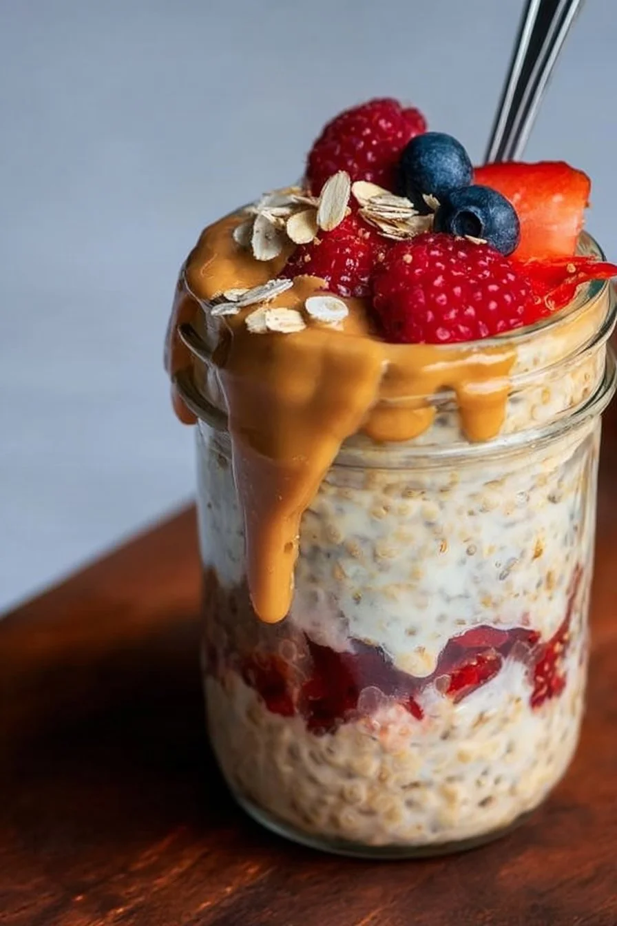 High-Protein Overnight Oats 2 A bowl of high-protein overnight oats topped with fruit and nuts