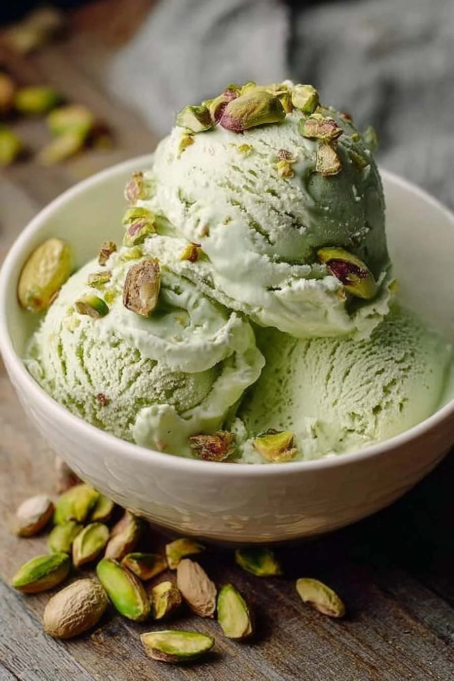 High-Protein Pistachio Ice Cream 2 High-protein pistachio ice cream served in a bowl with nuts on top