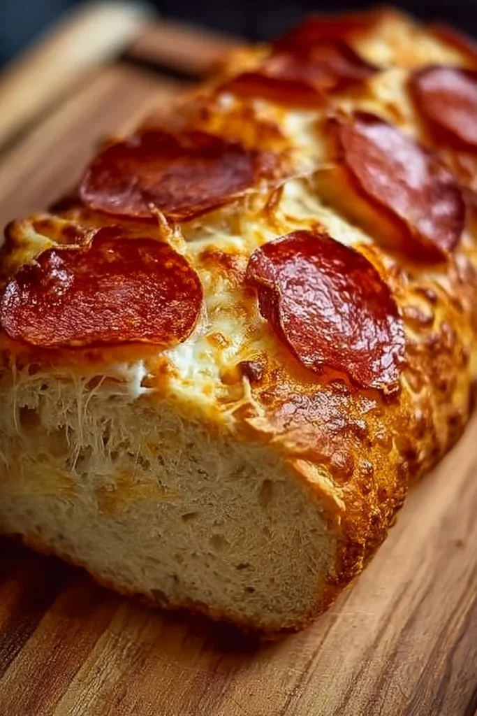 Homemade pepperoni bread recipe with a gooey cheese filling and tasty pepperoni slices.