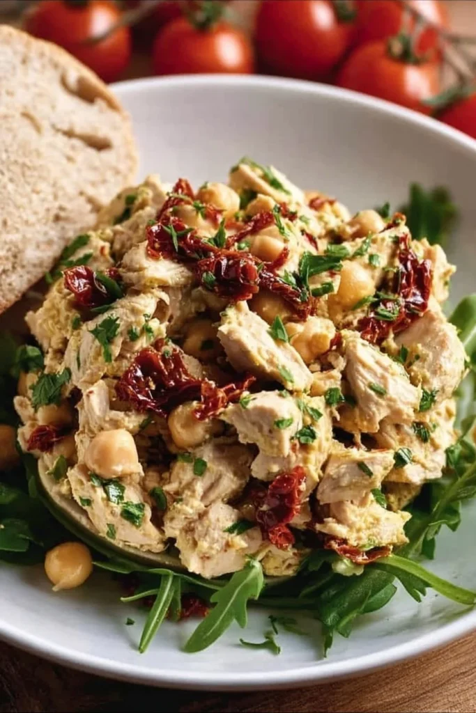 Mediterranean chickpea chicken salad with sun-dried tomatoes in a bowl