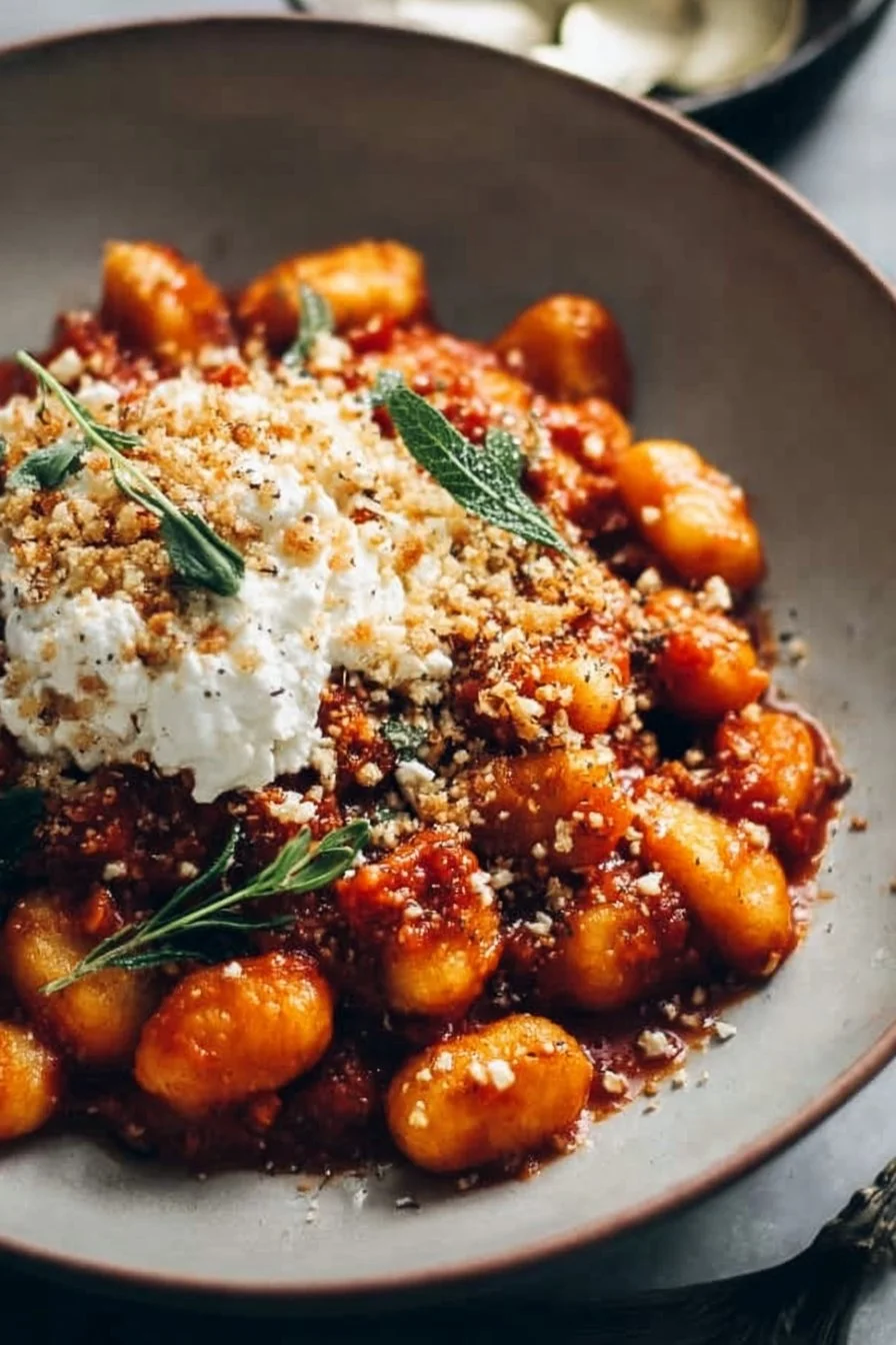 Delicious millionaire gnocchi with red sauce, herbed ricotta, and golden crispies