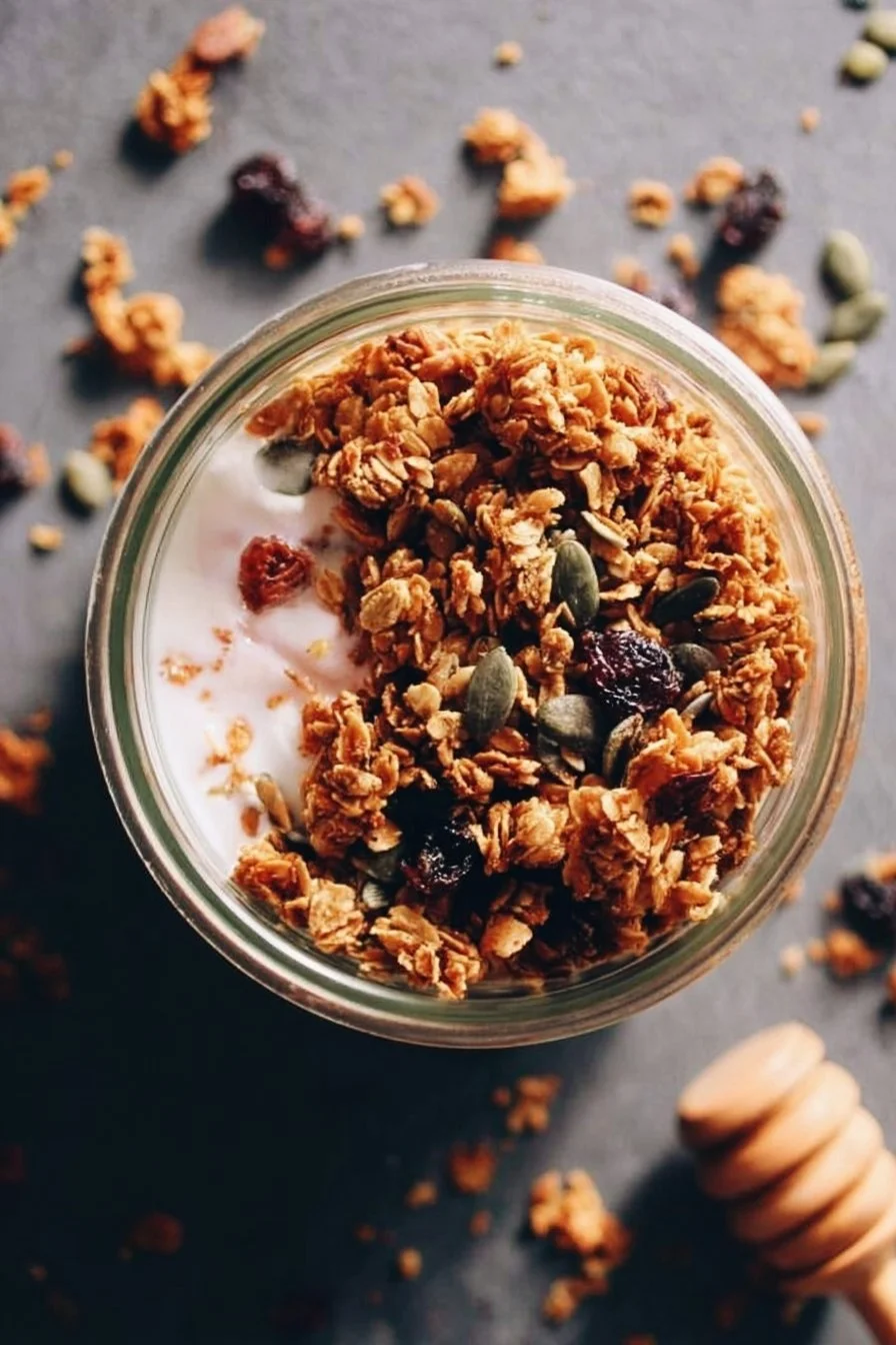 Bowl of Protein Granola topped with fruits and nuts for a healthy snack