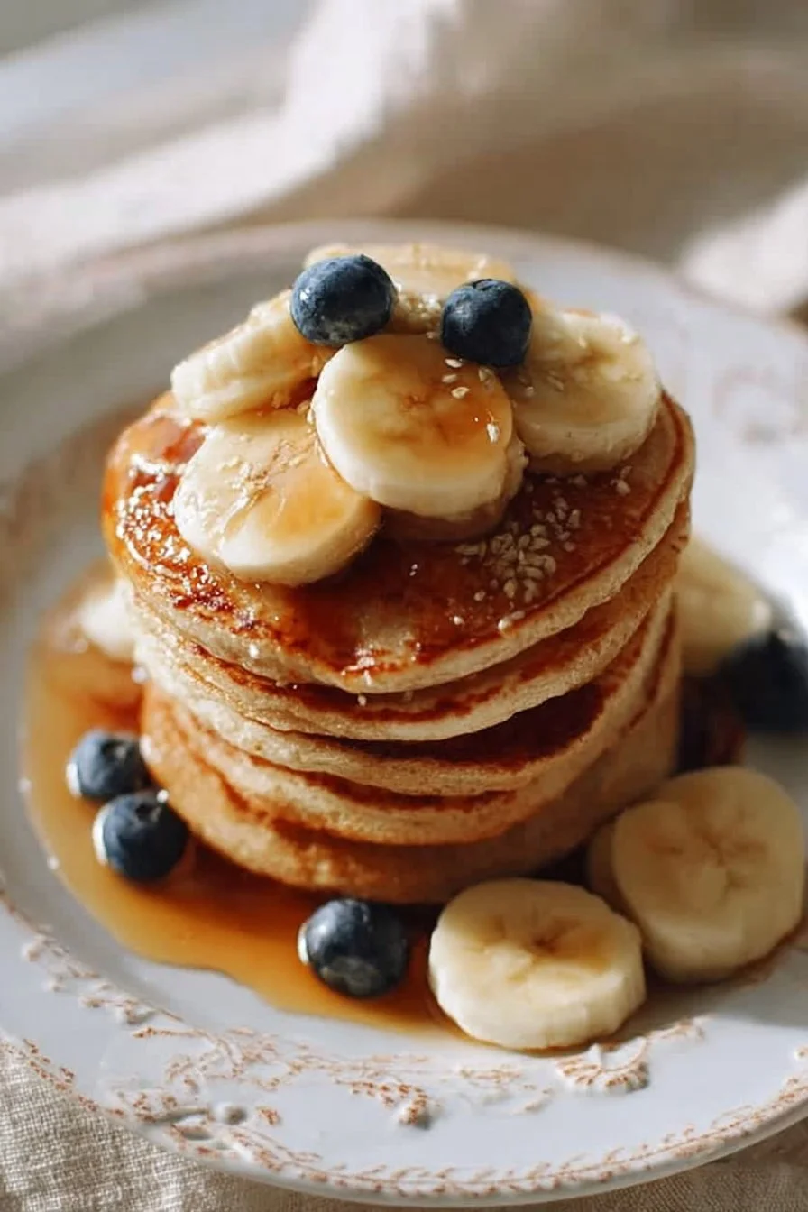 Protein oatmeal blender pancakes topped with fresh berries and syrup