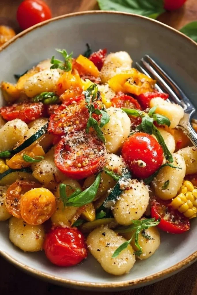 Plate of quick and easy vegetable gnocchi garnished with fresh herbs