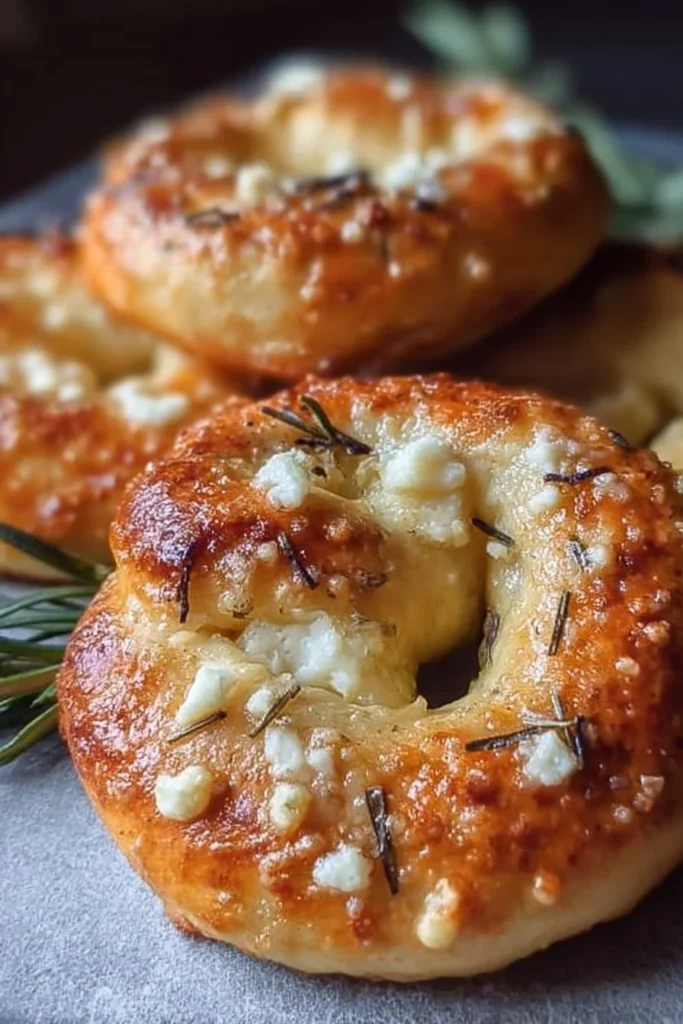 Rosemary Parmesan Pretzels with melted mozzarella filling on a wooden board