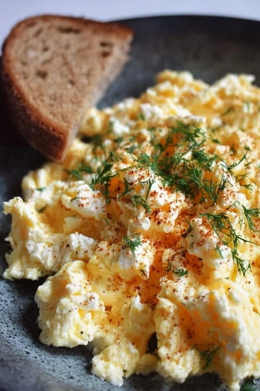 Scrambled Eggs with Cottage Cheese 2 Delicious scrambled eggs with cottage cheese served on a plate