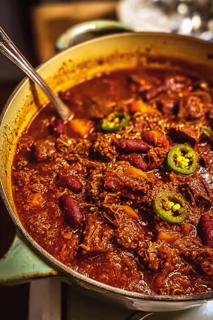 Delicious bowl of Short Rib and Chorizo Chili garnished with fresh herbs