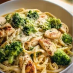 Plate of Skinny Chicken Broccoli Alfredo with broccoli and chicken in creamy sauce