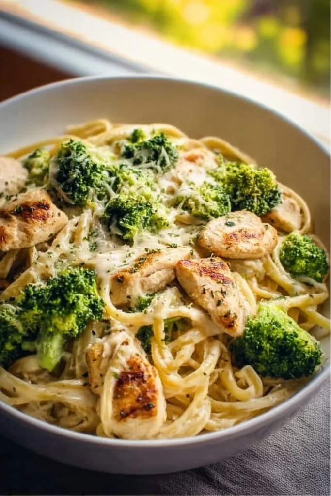 Plate of Skinny Chicken Broccoli Alfredo with broccoli and chicken in creamy sauce