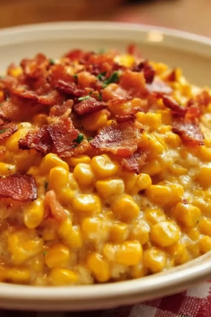 Slow cooker cheddar corn with bacon dish, garnished and ready to serve