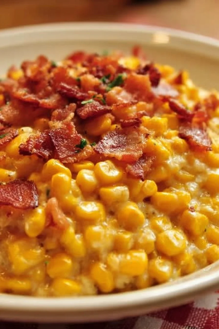 Slow cooker cheddar corn with bacon dish, garnished and ready to serve