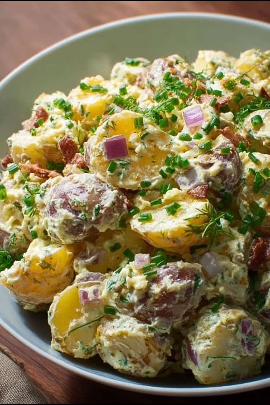 Delicious Steakhouse Potato Salad served in a bowl with fresh herbs and spices